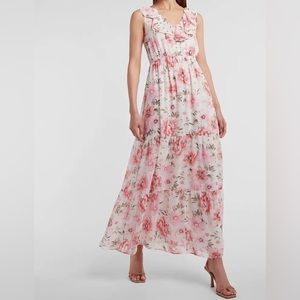 Express Pink Floral Sleeveless Ruffled Tiered Cut Out Maxi Dress Womens Sz XS